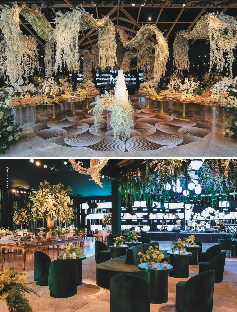 Decoração de festa de casamento com arranjos florais suspensos