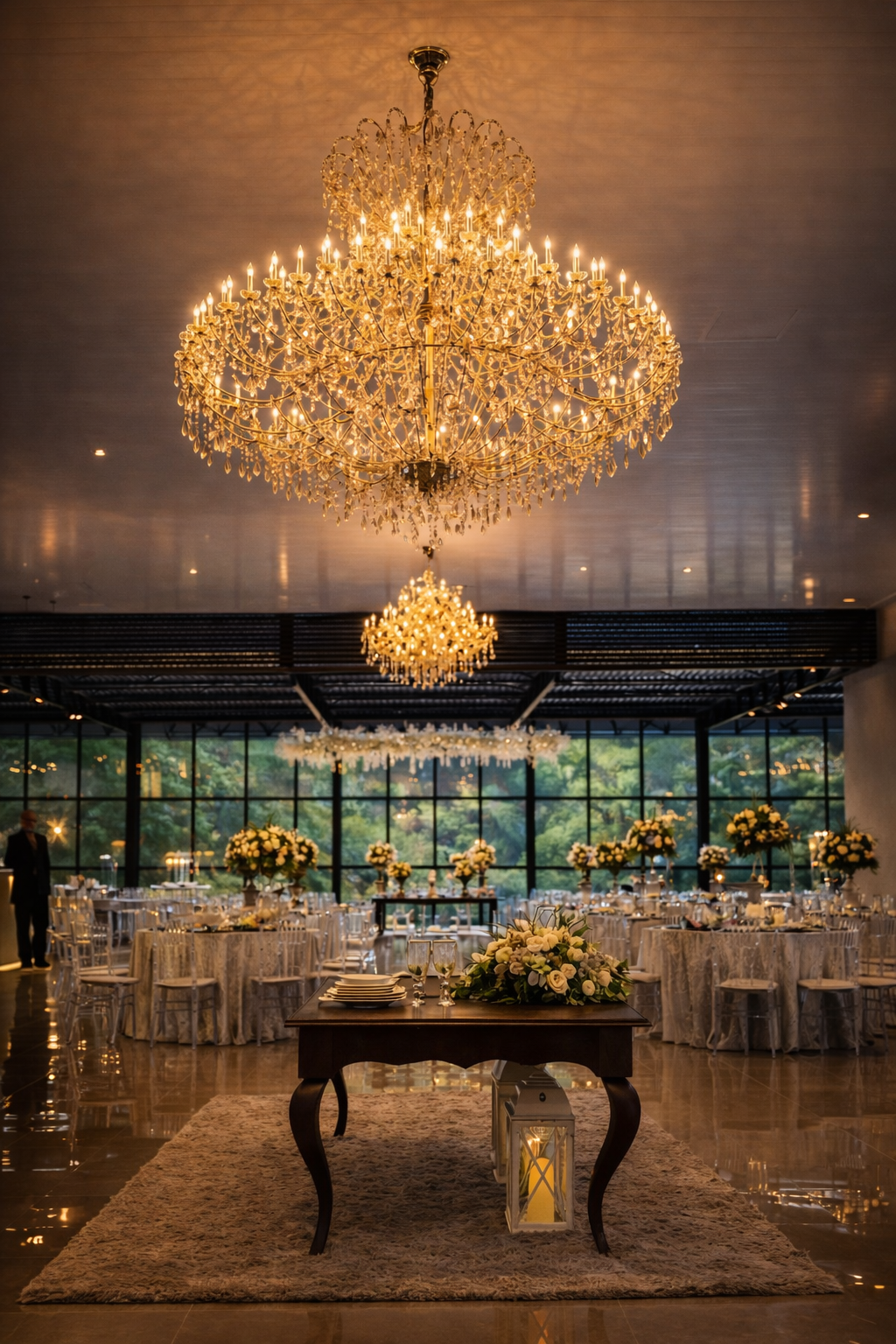 Salão da Happy Ranch decorado com lustres e arranjos florais | Foto: Acervo local
