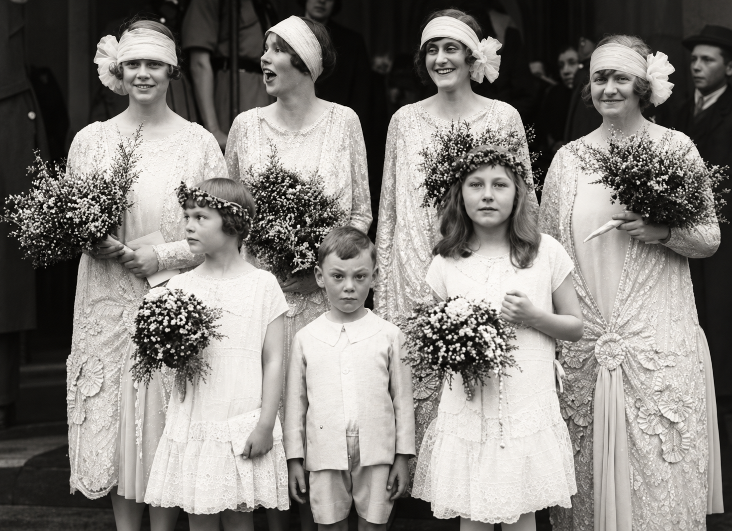 Madrinhas de casamento em pé, ao fundo. Daminhas de honra e pajem à frente. I Foto: Vintage Everyday