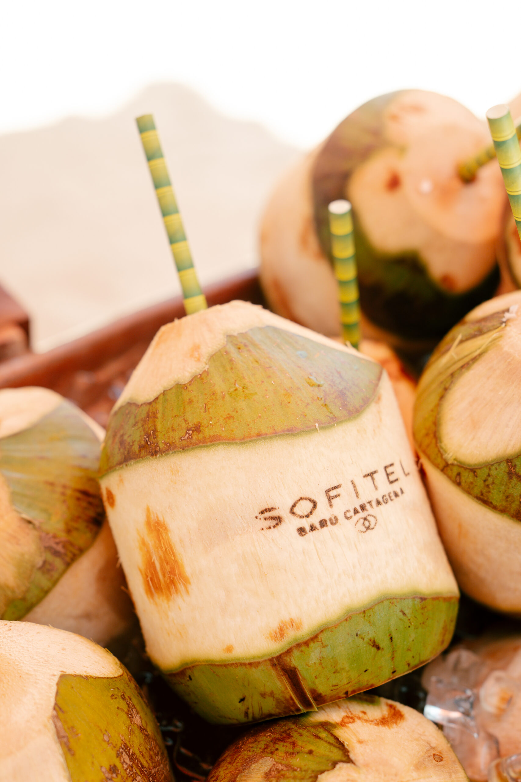 Cocos personalizados com a marca do Sofitel Barú Cartagena são apresentados como parte da experiência de hospitalidade oferecida aos participantes | Foto: Compañía Audiovisual