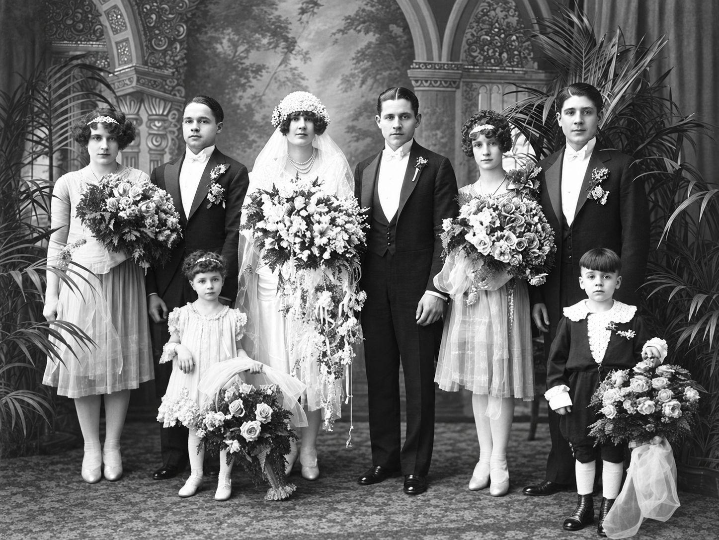 Retrato de um casamento da década de 1920, com os noivos ao centro, acompanhados por padrinhos, madrinhas e crianças. O grupo posa em estúdio, com trajes formais e grandes arranjos de flores. I Foto: Adore Vintage