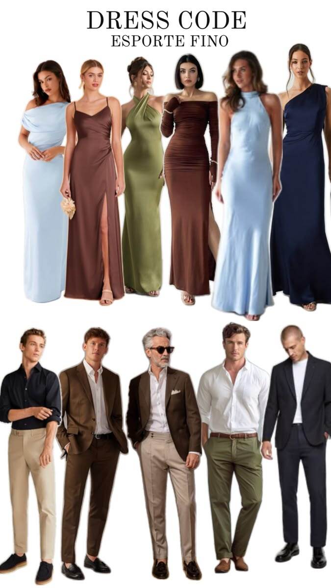 Referência de trajes esporte fino masculinos e femininos, com opções de vestidos longos em diferentes cores, blazers, camisas sociais e calças de alfaiataria. | Foto: Pinterest